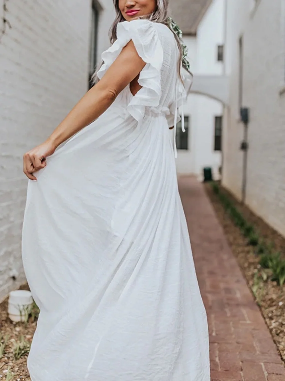 Boho White women beach Button-Front Maxi Dress cover up long wrap kimono